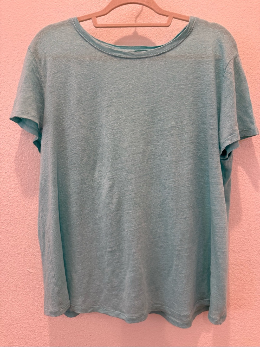 Eileen Fisher 100% Linen jersey boxy tee teal crewneck natural fibers preloved